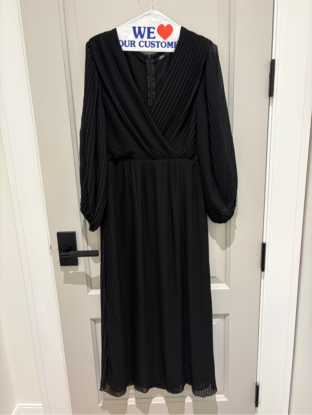 Zara Black Long-Sleeve Pleated Wrap Midi Dress - Comes With Free Belt